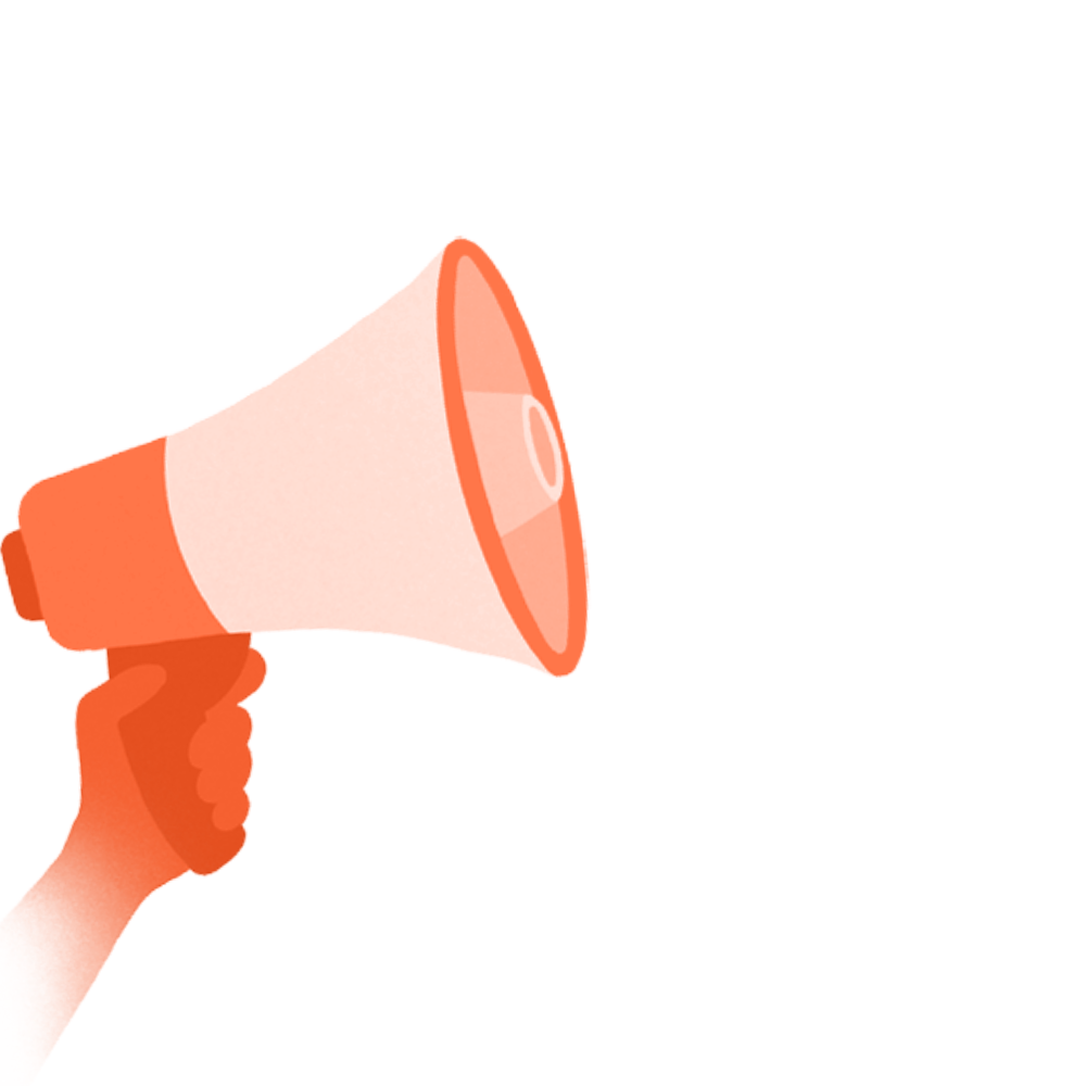 Megáfono naranja de NM con ondas de sonido Imagen decorativa. Mano amarilla sosteniendo un megáfono amarillo.